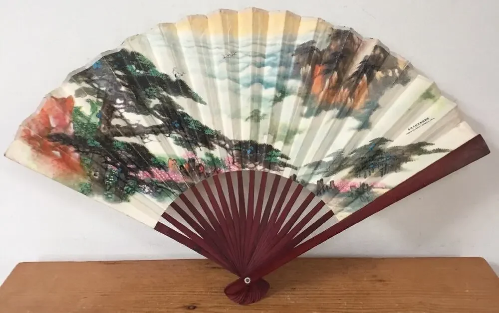 Vintage Peoples Republic China Paper Hand Folding Fan Landscape Clouds Flowers